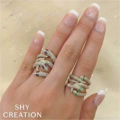Shy Creation Kate 0.73 Ct. Diamond & 0.14 Ct. Emerald Pave Snake Ring  Shy Creation