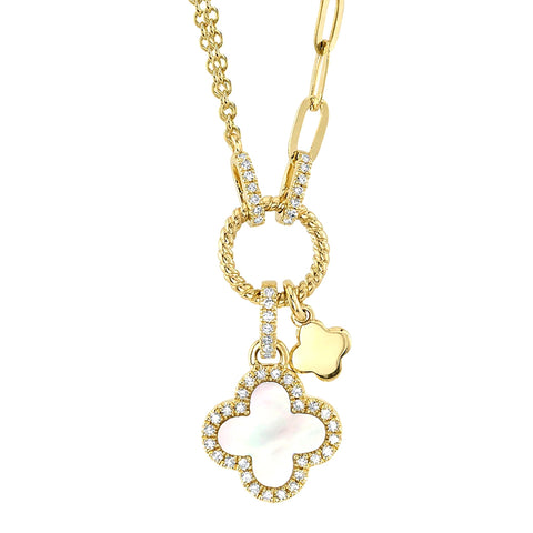 Shy Creation Kate 0.12 Ct. Diamond & 0.54 Ct. Mother of Pearl Clover Paper Clip Link Necklace  Shy Creation