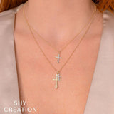 Shy Creation Kate 0.04CT Diamond Matte Cross Faceted Ball Chain Necklace