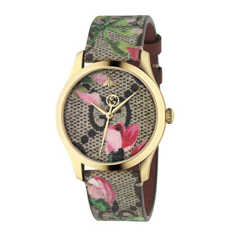 Gucci G-Timeless Blooms Print GG Supreme SS Gold PVD Watch - YA1264038A Gucci Timepieces