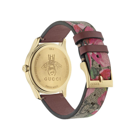 Gucci G-Timeless Blooms Print GG Supreme SS Gold PVD Watch - YA1264038A Gucci Timepieces