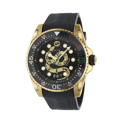 Gucci Dive Gold Tone Black Dial Rubber Strap - YA136219 Gucci Timepieces