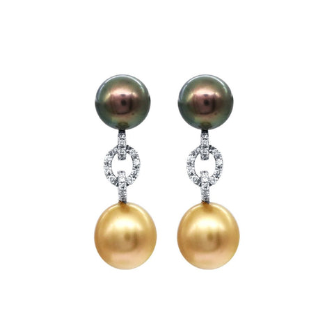 Black and Golden South Sea Pearl Diamond Earrings
