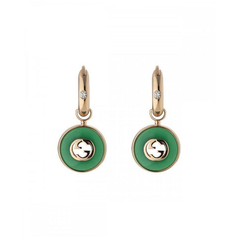 Gucci Interlocking 18k Rose Gold Green Agate Drop Earrings