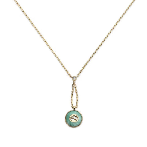 Gucci Interlocking 18K Yellow Gold Amazonite & Diamond Pendant Necklace