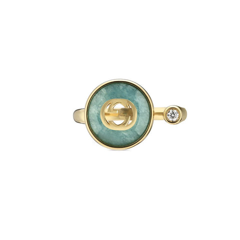 Gucci Interlocking G 18K Yellow Gold Amazonite & Diamond Ring