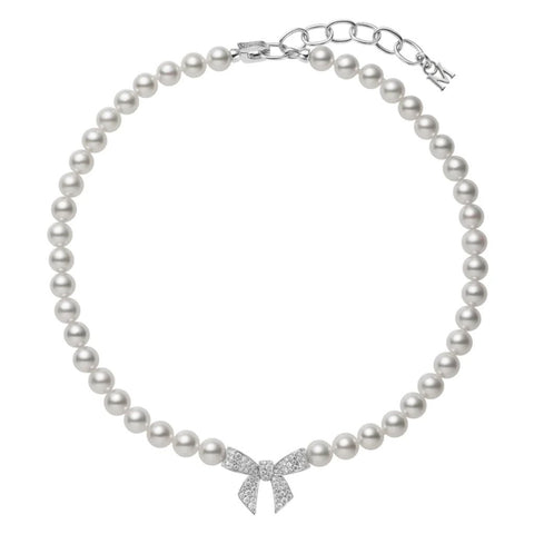 Mikimoto Akoya Cultured Pearl and Diamond Bow Charm Necklace