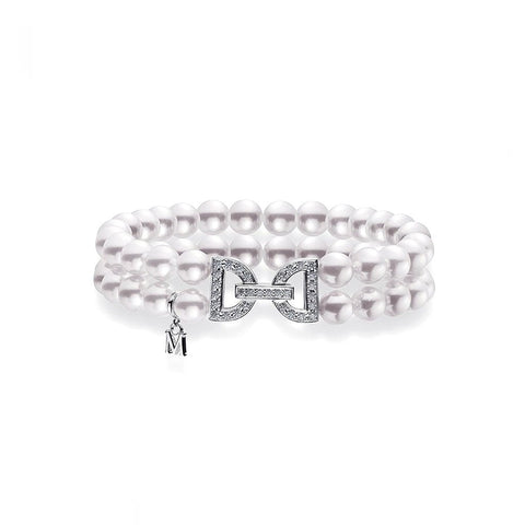 Mikimoto Akoya Cultured Pearl Double Row Bracelet with Diamond Clasp