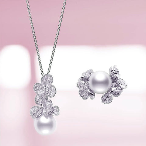 Mikimoto Fortune Leaves Collection White South Sea Cultured Pearl and Diamond Pendant in 18K White Gold