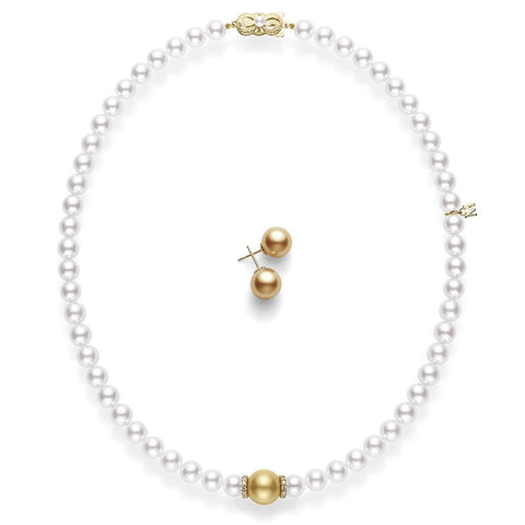 Mikimoto Fusion Akoya and Golden South Sea Cultured Pearl Necklace with Gold South Sea Earrings