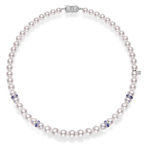 Mikimoto Ocean Akoya Cultured Pearl and Sapphire Necklace in 18K White Gold
