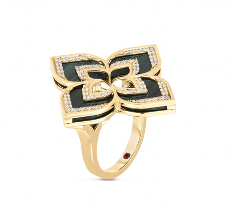 Roberto Coin Venetian Princess 18K Yellow Gold Malachite With Diamond Flower Ring