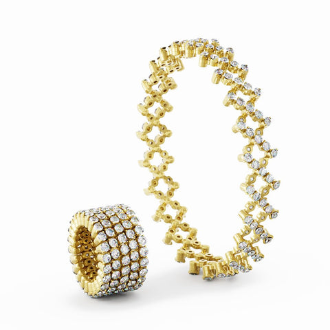 Serafino Consoli Ring Bracelet 5 Rows Full Inside 4 Points Yellow Gold White Diamonds