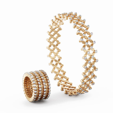 Serafino Consoli Ring Bracelet Alternato 7 Rows Full 2 Points Rose Gold White Diamonds