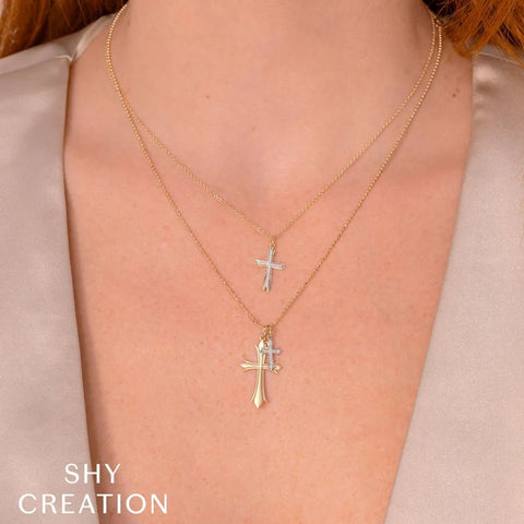 Shy Creation Kate 0.04CT Diamond Matte Cross Faceted Ball Chain Necklace