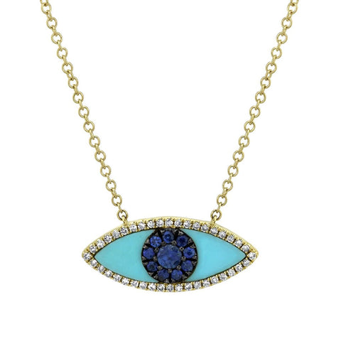 Shy Creation Kate 0.09 Ct. Diamond & 0.65 Ct. Blue Sapphire & Composite turquoise Eye Necklace