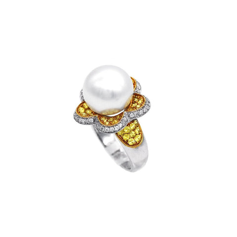 White South Sea Pearl Diamond Flower Ring
