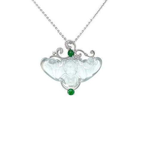 White Jade Bat and Coin Pendant and Chain